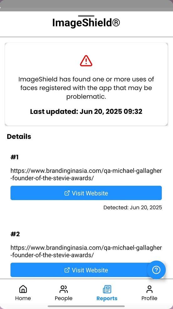 The app's report screen, listing the sites where a registered face was found.