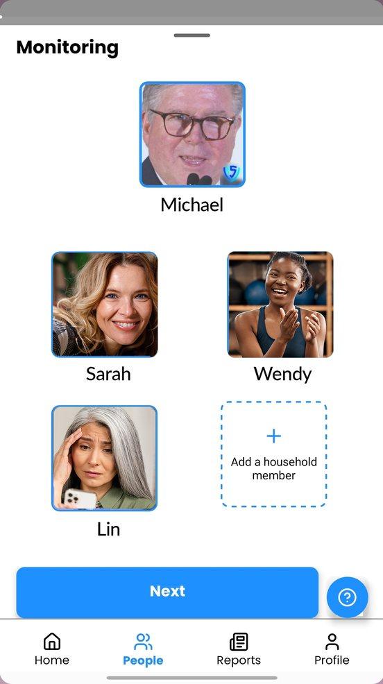 The app's monitoring screen, showing four household members under watch.