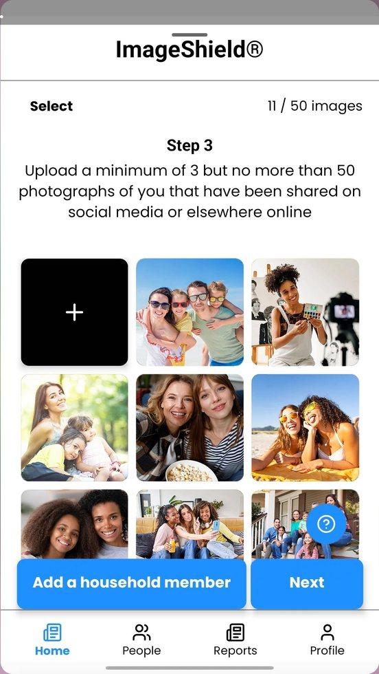 The app's upload screen, with a grid of family photos selected for monitoring.
